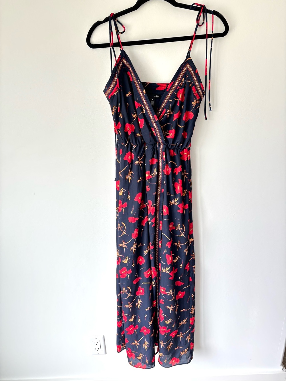 Aqua Navy Blue Midi Dress Sleeves Tie Straps Red Poppy Floral Front Slit